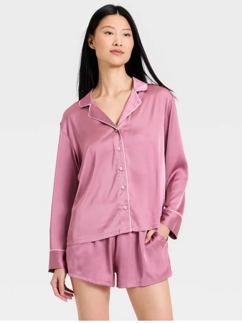 Serra Medium Silky Pajama Set –Mauve with Pink Piping